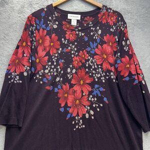 C.D. Daniels Blouse Womens 2X Black Red Floral Rhinestone Pullover 3/4 Sleeve